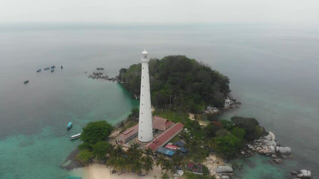 Landscape of Lengkuas Island Belitung white lighthouse, aerial