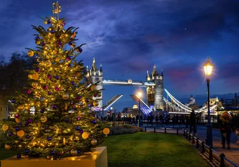Photo sur Plexiglas Tower Bridge A beautiful Christmas Tree in front of the defocussed Tower Bridge of London, England, during an advent winter night