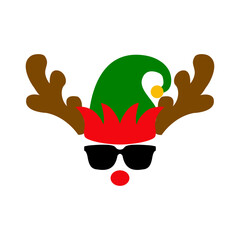 Tiempo de Navidad. Logo con reno Rudolph con sombrero de elfo de Santa Claus, hocico rojo, astas y gafas de sol para su uso en tarjetas y felicitaciones © teracreonte