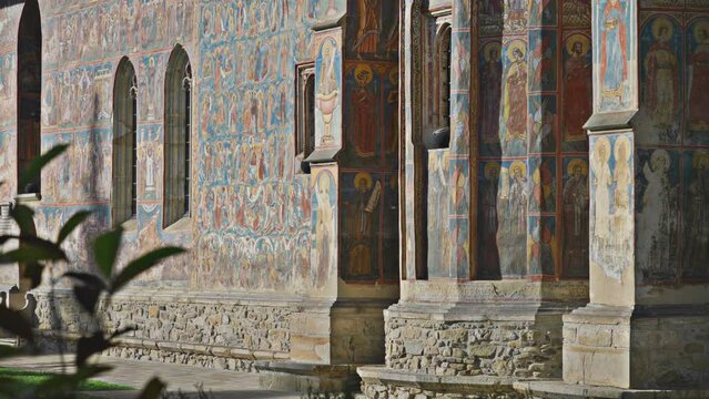 Mural paintings of Moldovita Monastery, famous historical and religious UNESCO heritage in Bukovina, Romania