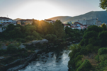 Historical Mostar Old town, Bosnia and Herzegovina, view of the Stari Most bridge, Neretva river...