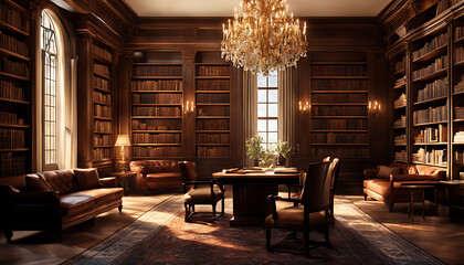 A grand library features floor-to-ceiling bookshelves lining the walls of a spacious room lit by a large window, filled with reading materials and inviting seating