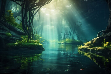 Swamp underwater scene with plant and fishes