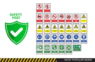 Popular safety signs , prohibition, mandatory action, warning, safe condition, fire Safety signs 