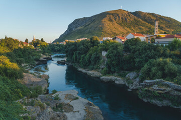 Historical Mostar Old town, Bosnia and Herzegovina, view of the Stari Most bridge, Neretva river and Balkan mountains