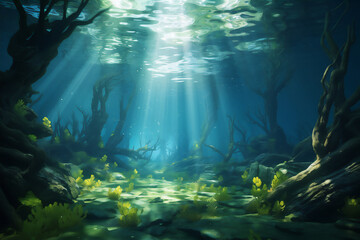 Swamp underwater scene with plant and fishes - obrazy, fototapety, plakaty