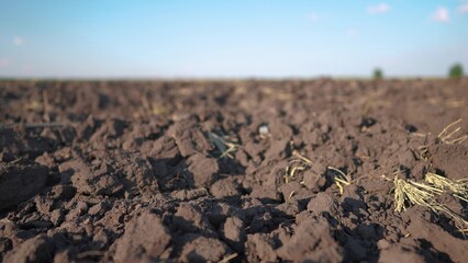 combines plowed field. modern farming and irrigation business concept. fresh arable land after the tractor before sowing. clods lifestyle of dirty ground on a plowed field close-up
