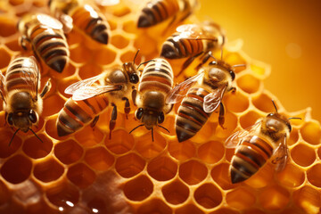 Lots of bees sitting on a honeycomb, close up view.generative ai