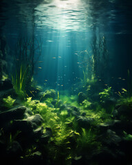 Fototapeta na wymiar Swamp underwater scene with plant and fishes