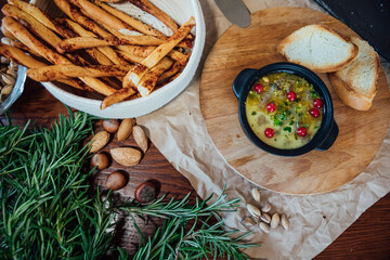 Delicious food pate with bread on the table