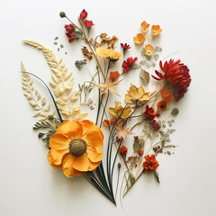 
bouquet of dried flowers, herbarium. autumn composition of flowers and leaves on a white background