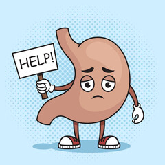 Sad sick anatomical stomach asking for help pop art retro hand drawn raster illustration. Comic book style imitation.