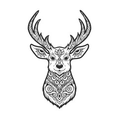 Deer mandala. Animal Vector illustration. Adult or kids coloring book page in Zen boho style. Antistress Peaceful drawing. Black and white