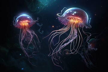 Jellyfish floating in the ocean, 3d illustration, Beautiful jellyfishes floating in water, Underwater world, Colorful jellyfish floating in water