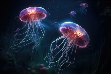 Glowing jellyfish swim deep in blue sea, Jellyfish in the aquarium, Underwater world, 3d rendering, Underwater ocean scene background