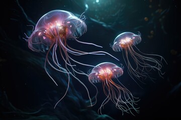 Obraz premium Jellyfish swimming in the water, 3d render illustration, Glowing jellyfish swim deep in blue sea, Underwater world, Colorful jellyfish floating in water