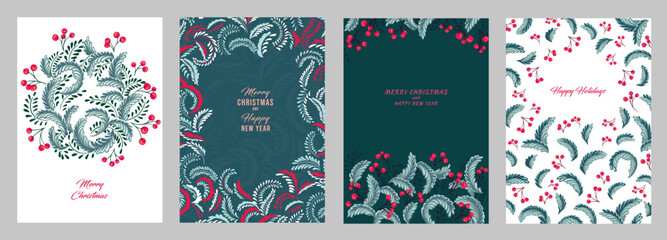 Colorful Christmas templates with copy space. Set greeting cards Merry Christmas, Happy New Year with vector hand drawn decorative, abstract, artistic Christmas wreath, ornate floral frame, winter 