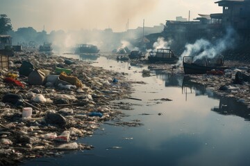 Garbage on the river in urban area, devastating impact of industrial pollution, Сoncept of global pollution, Garbage pile in trash dump or landfill, Environmental pollution.