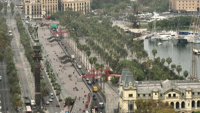 day time barcelona city center famous traffic street pedestrian walking bay aerial panorama 4k spain