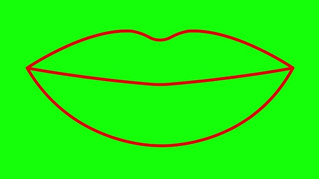 Animated red lips symbol increases and decreases. Linear icon. Looped video. Vector illustration isolated on green background.