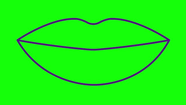 Animated violet lips symbol increases and decreases. Linear icon. Looped video. Vector illustration isolated on green background.