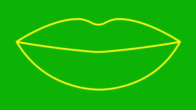 Animated yellow lips symbol increases and decreases. Linear icon. Looped video. Vector illustration isolated on green background.