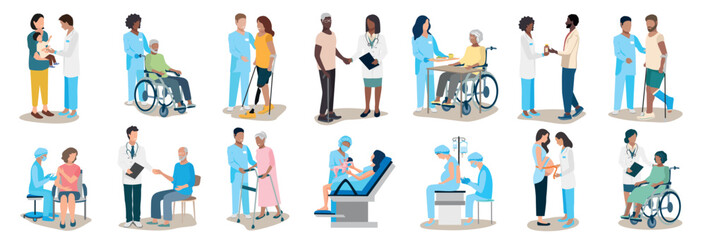Big set of vector illustrations of doctor and patient. Doctors and nurses of different specialties care for and help patients of different ages and nationalities. Thanks to the doctors and nurses. - obrazy, fototapety, plakaty