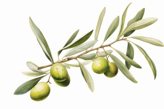 Watercolor illustration of a olive branch isolated on white background. AI generative