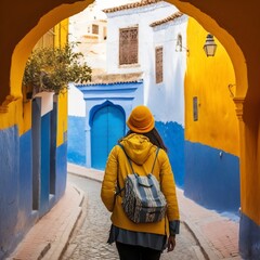 Naklejka premium tourism in Morocco-Woman tourist with back view in beautiful yellow street in Chefchaouen cute young teen girl walking blue and yellow buildings houses with a backpack bag cap hood Generative AI 
