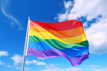A spreading LGBT flag against a blue sky.generative ai
