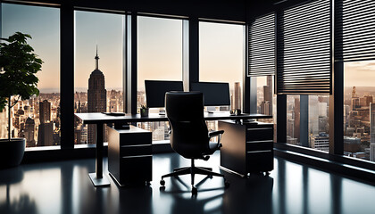 A sleek modern office features a large desk, computer, and ergonomic chair situated before a window with a cityscape view, stylishly illuminated