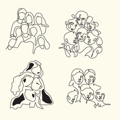Women vector illustraton drawn in line art style. International Womens Day. One line womans portrait. Women different nationalities. Feminism concept. Girl power line art