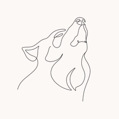 Wolf line design. Simple animal silhouette decorative elements drawn with one continuous line. Vector illustration of minimalist style on white background.