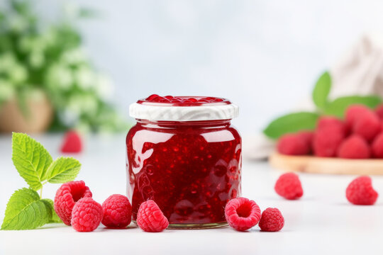 A small jar of homemade sweet raspberry jam with elements of raspberries and green leaves next to it on a light background with space for a logo or text.generative ai