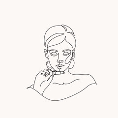 Woman head vector lineart illustration. One Line style drawing. Woman Line Art Minimalist Logo.
