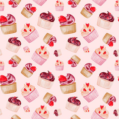 Fun pattern with pink cupcake for Valentines day, decoration, fabric, textile, card. Delicious sweets, Digital watercolor illustration