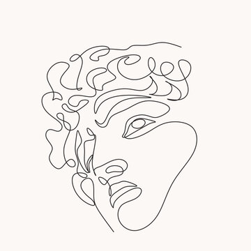 One line greece mythology sculpture. Abstract art of ancient greek classic statue, Michelangelo's David head for tattoo, print