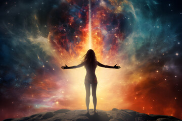 Woman is doing yoga against universe background - obrazy, fototapety, plakaty