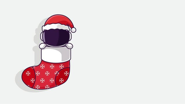 Little Cute Astronaut Kids Inside Christmas sock, animated Illustration Footage With Copy Space Area. Can be use as a background for your content. HD Video Landscape Orientation