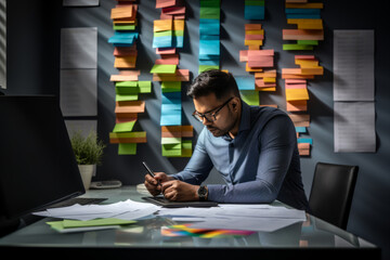 A young Indian man with glasses sitting at work in the office at his desk has a lot of work to do, in the background there are a lot of colorful information sheets on the board.generative ai - obrazy, fototapety, plakaty