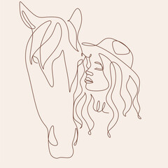Western woman in a cowboy hat. Cowboy girl in hat line art vector minimalist logo. Abstract Woman and Horse. Girl and horse line drawing 