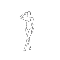 Naked woman standing back one line drawing on white isolated background. Vector illustration