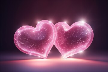 Twin Pink Hearts Glowing with Sparkles and Love on Bokeh Background. Generative AI