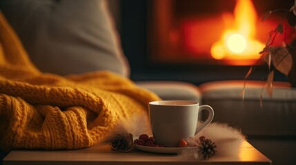 Coffee in a cozy winter setting - obrazy, fototapety, plakaty