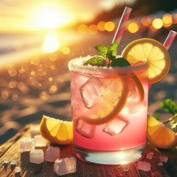 Pink fresh lemonade cocktail, lemon slices, raspberries, ice and sugar, water, drink concept, generative ai