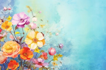Fototapeta na wymiar Valentine's Day. Assorted Spring Blossoms on Pastel Blue. Floral Freshness and Beauty. Generative AI