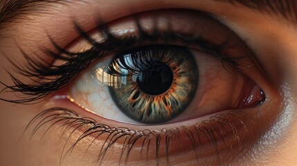 Female eye with brown iris, pupil close-up. Beautiful black eyelashes. - obrazy, fototapety, plakaty