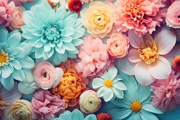 Obraz na płótnie Canvas Valentine's Day. Assorted Spring Blossoms on Pastel Blue. Floral Freshness and Beauty. Generative AI