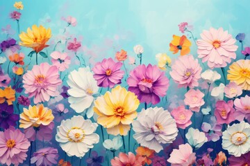 Fototapeta premium Valentine's Day. Assorted Spring Blossoms on Pastel Blue. Floral Freshness and Beauty. Generative AI