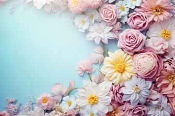 Valentine's Day. Assorted Spring Blossoms on Pastel Blue. Floral Freshness and Beauty. Generative AI